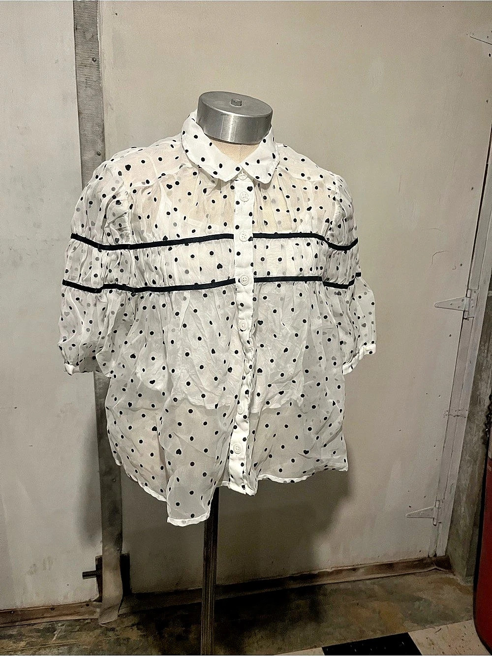 maeve sheer Polka Dot Button Down Shirt in White & Black